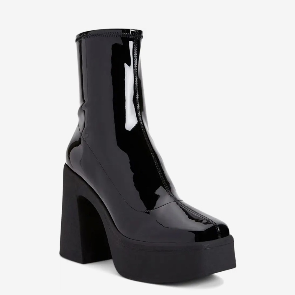 Katy Perry The Heightten Stretch Bootie Black Patent Platform Boots Size 6 NWOT